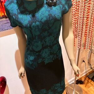 St. John Teal Aegan emerald Floral Midi Sheath dress 10 Jacquard